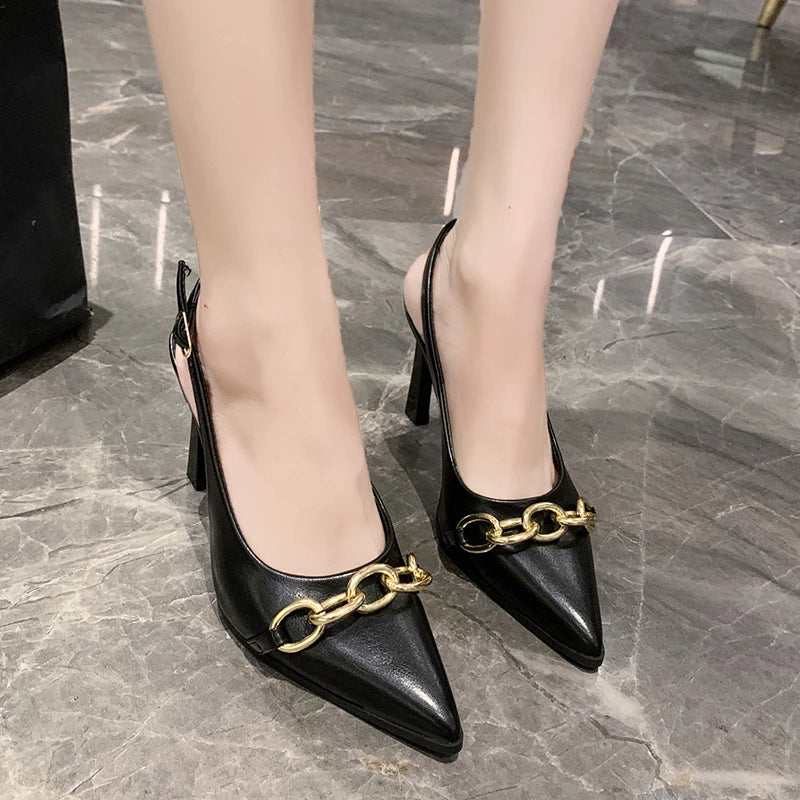 Summer Women Sandals Elegant Versatile Women High Heels Party Wedding Fashion Point-toe Ladies Causal Dresses Shoes Metal Chain