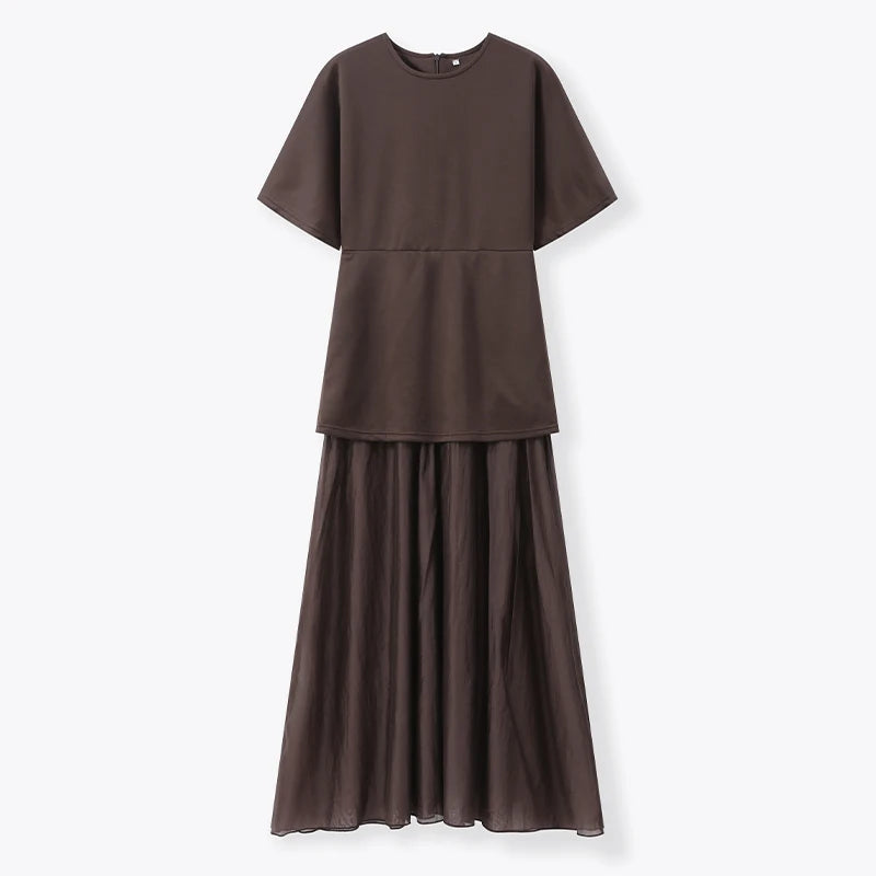 Chic Splicing Brown Half Sleeve Maxi Dress Women's Casual Pleated A-line Slim Vestidos Female Office Commute Street Robes