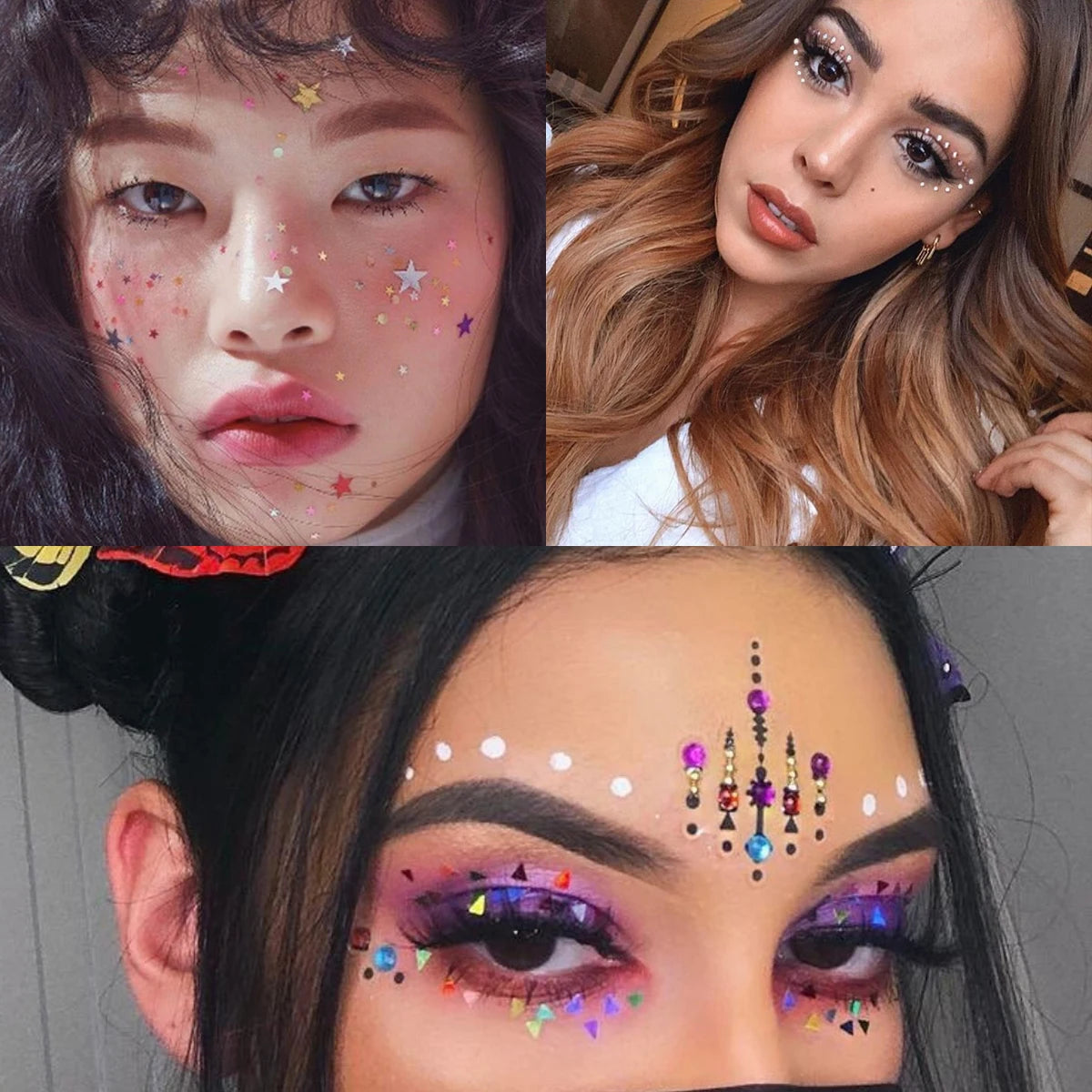 3D Eyes Face Makeup Temporary Tattoo Self Adhesive Beauty White Pearl Jewels Stickers Festival Body Art Decorations Nail Diamond