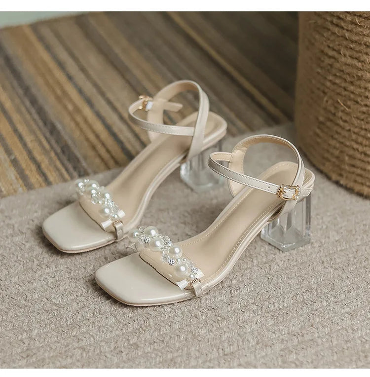 Summer Fahsion Sandals Women 2026 New Pearl High Heels Slippers Girls Crystal Heel Summer Shoes Trendy Slides Transparent Sandal