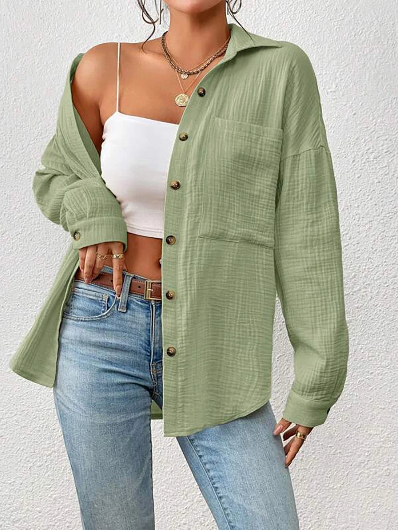 100% Cotton Gauze Muslin Women Shirts Casual Turn Down Collar Long Sleeve Top Office Lady Elegant Blouses for Women Blusas