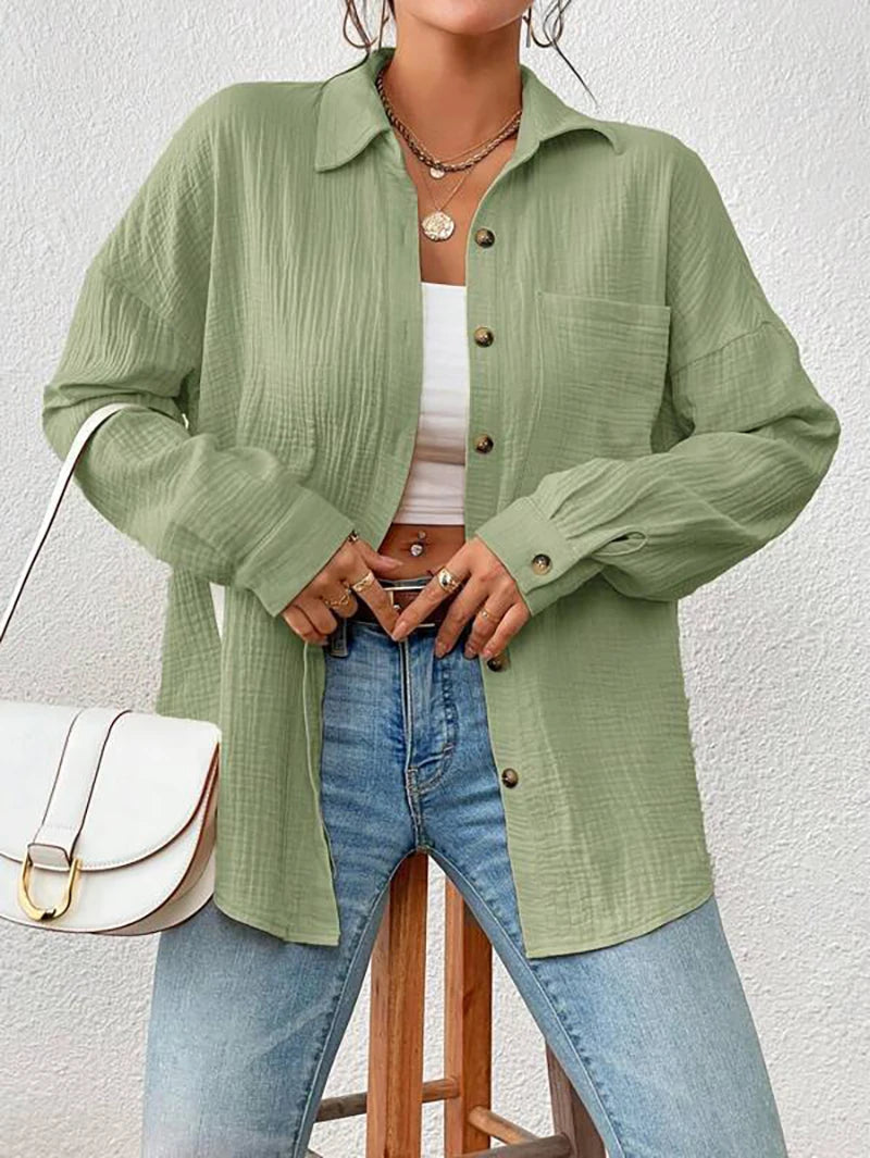 100% Cotton Gauze Muslin Women Shirts Casual Turn Down Collar Long Sleeve Top Office Lady Elegant Blouses for Women Blusas