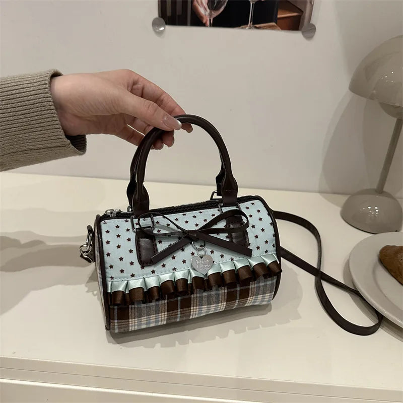 Korean Bow Pillow Bag Women Star Checkered Handbag Blue Brown Pleated Edge Shoulder Bag Cute Heart-shaped Pendant Crossbody Bag