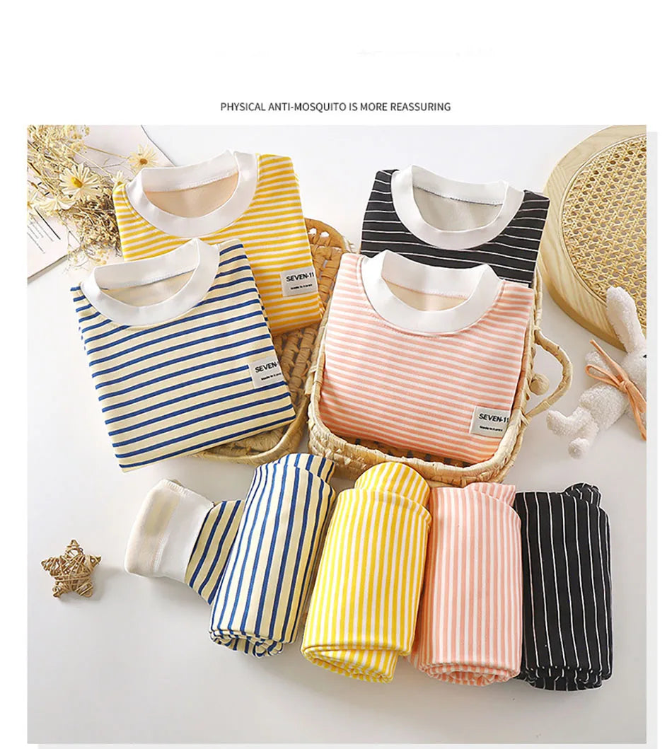 Baby Warm Clothing Set Fleece Lined Children Boys Girls Striped Underwear Sleepwear Set Ideal for Home Pajamas Autumn Winter