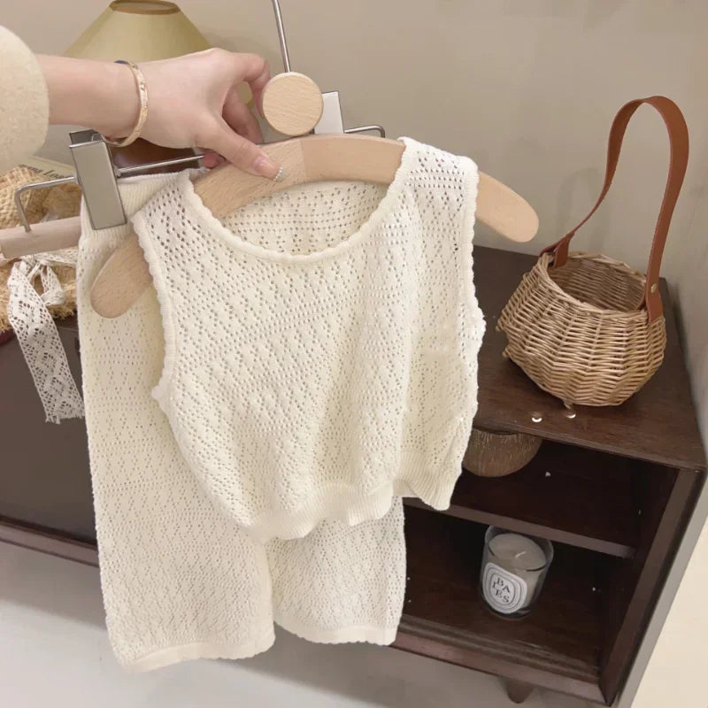 Girl's Clothing Summer Korean Thin Knitted Girl Set Children Hollow Breathable Vest + Wide Leg Pants Two-piece Suit