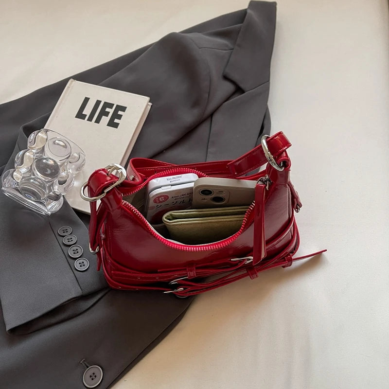 LEFTSIDE Belt Design Small PU Leather Shoulder Bags for Women 2025 Y2K Korean Fashion Crossbody Bag Lady Red Handbags and Purses