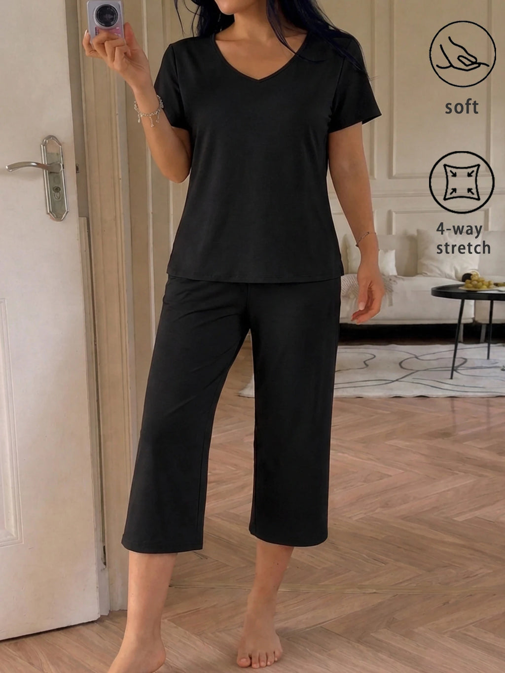 Womens Super Soft Pajama Sets Short Sleeve Top With Capri Pants Sleepwear 2 Piece Lounge Set