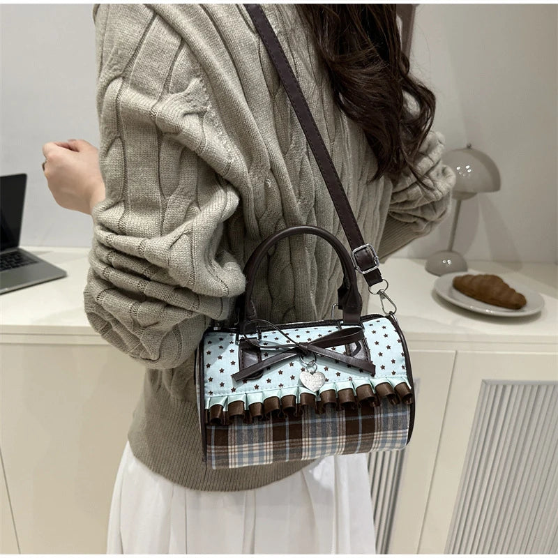 Korean Bow Pillow Bag Women Star Checkered Handbag Blue Brown Pleated Edge Shoulder Bag Cute Heart-shaped Pendant Crossbody Bag