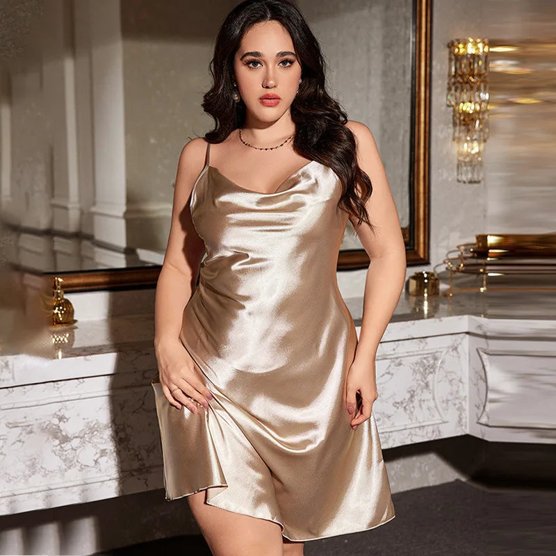 Female Nightgown Sexy Suspender Nightdress Large Size 3XL 4XL 5XL Chemise Sleepwear Silk Satin Bathrobe Loose Home Dressing Gown