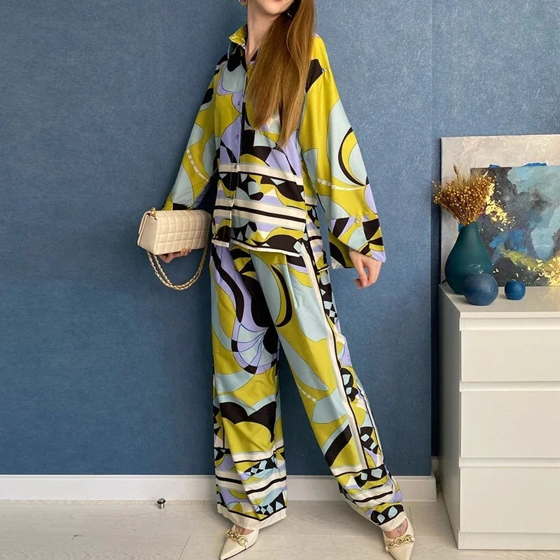 Print Women's Pajama Set Oversize Green Ladies Summer Sleepwear Trouser Suit Long Sleeve Vintage
