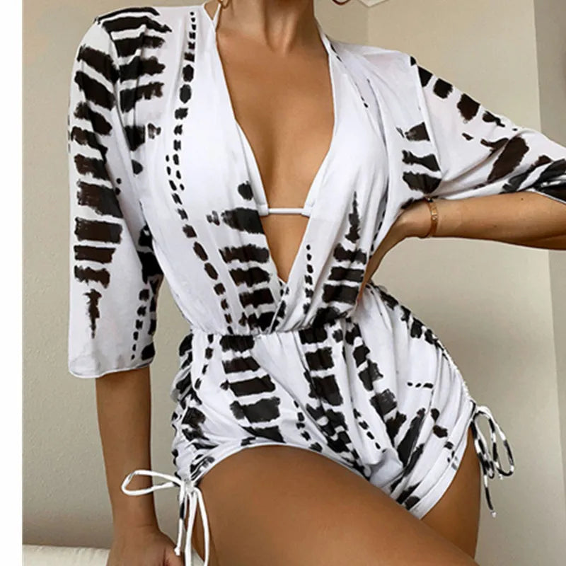 New 3 Piece Bikini Set Plus Size Swimsuit Women Long Sleeve Cover Up Print Halter Swimwear Beach Wear Sexy Bathing Suit 3XL