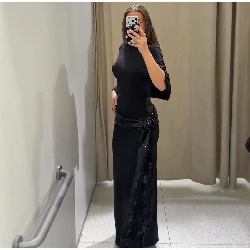 Sequined Patchwork Evening Dress Women Sexy Backless Half Sleeve Slim Hip Package Long Dresses Fashion Elegant Party Robes Lady