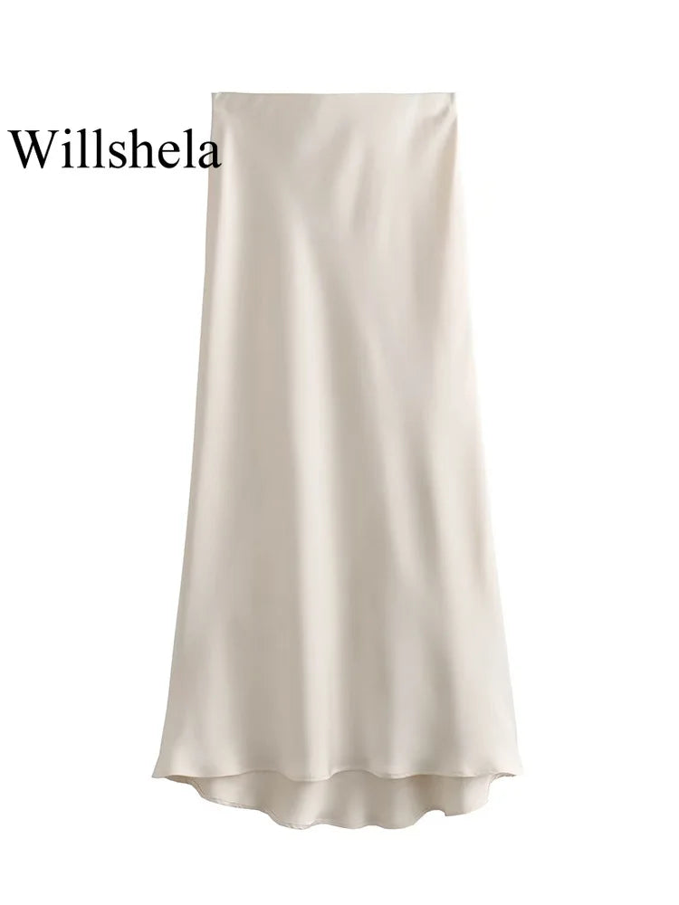 Willshela Black Satin Skirt Woman High Waist Elegant Long Skirts For Women Fashion Summer Midi Skirt Office Women's Skirts
