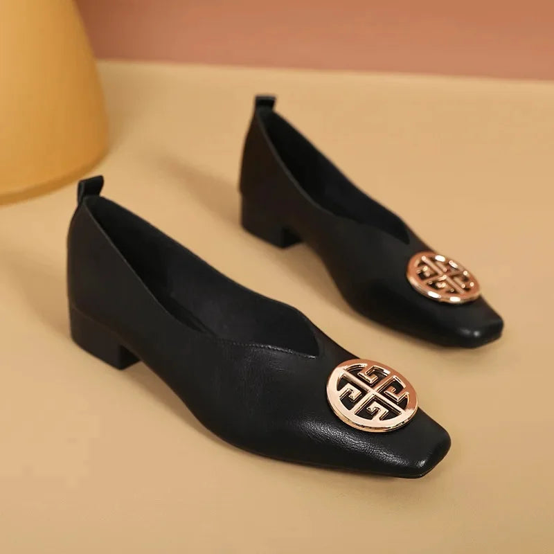 New 2025 Chinese Style Green Square Head Grandma Shoes Women's Thick Heel Slip-On Soft Bottom Mom Shoes Synthetic Upper