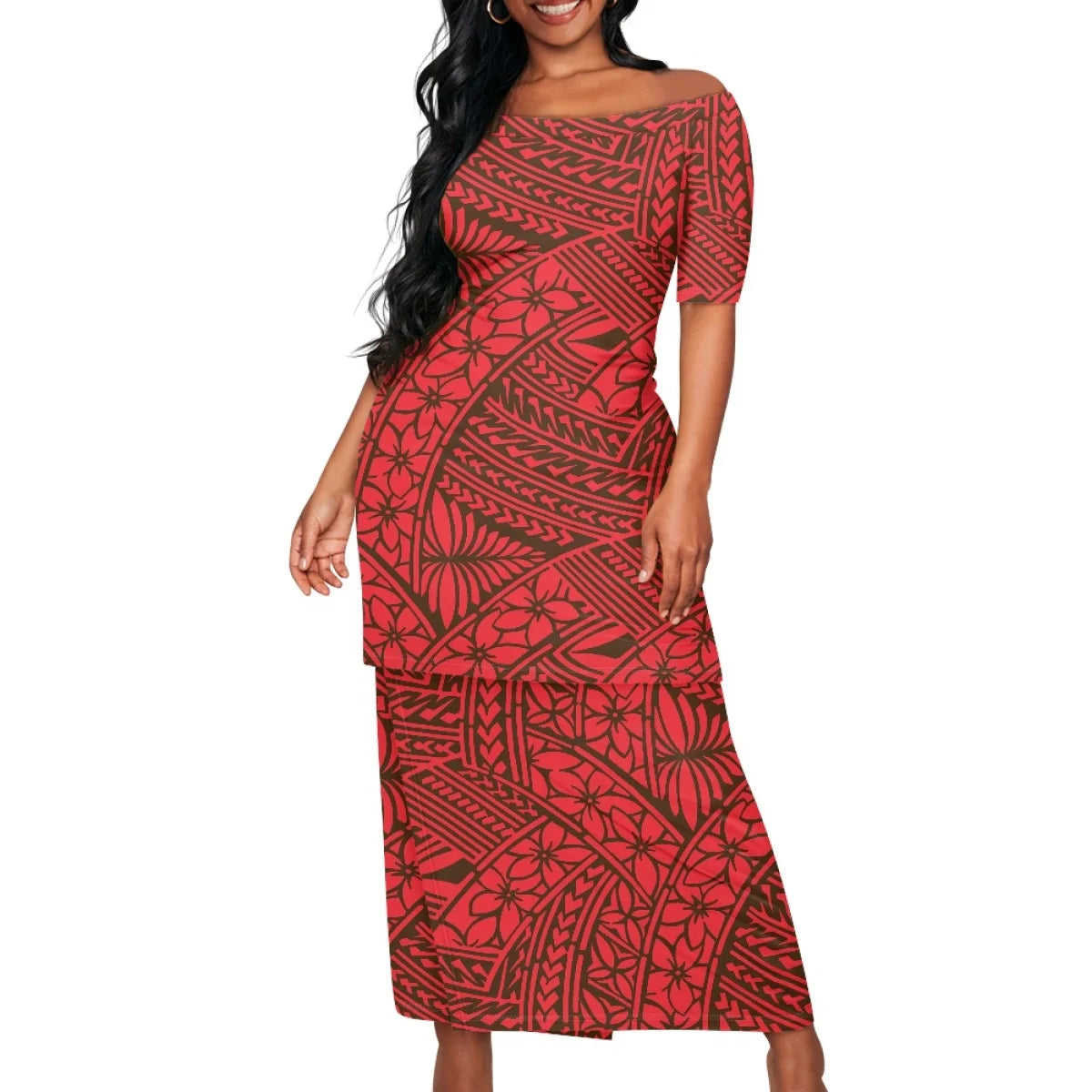 Summer Islander Women Puletasi Samoa Dresses Lady Short Sleeve Off shoulder Two Piece Set Polynesian Tribal Clothing White Print