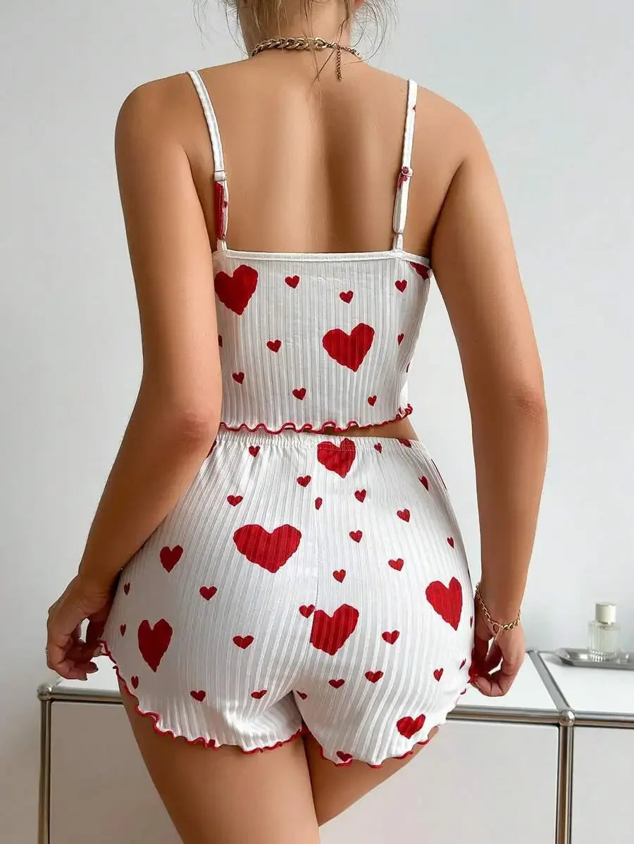 Women's Kawaii Pink Heart Print Pajama Set, Ribbed Spaghetti Strap Crop Top & Shorts, Summer Sleepwear Loungewear