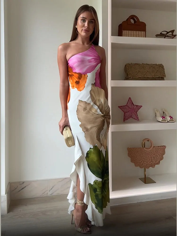 Fashion Printed Curling Edge Dresses Chic Irregular Neck Off Shoulder Open