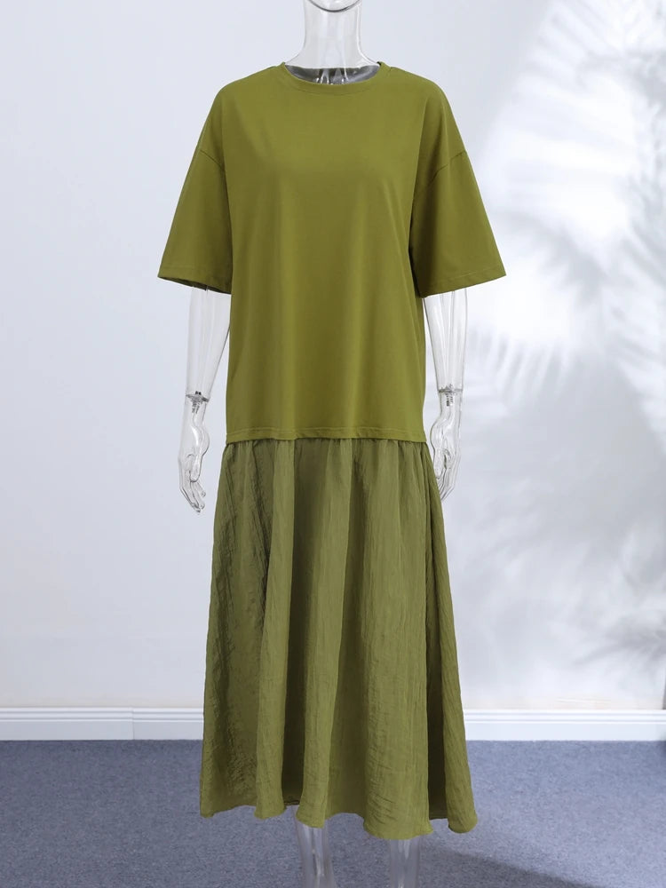 Short Sleeve Patchwork Oversized Long Dress Women Elegant O-neck Pleated Loose Party Evening Dresses Summer Casual Lady Vestidos