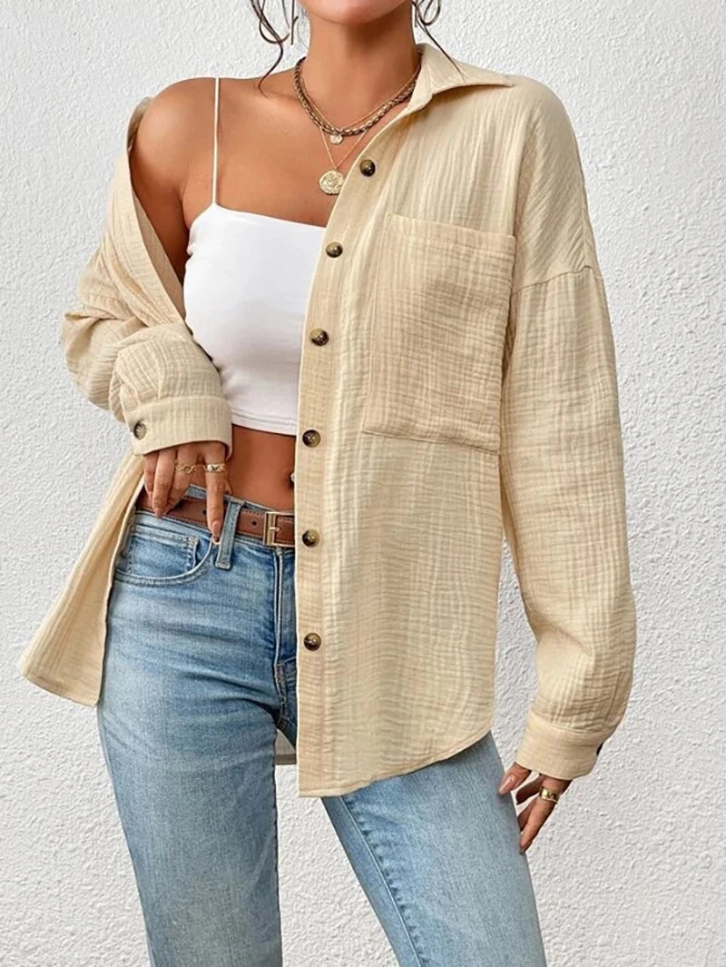 100% Cotton Gauze Muslin Women Shirts Casual Turn Down Collar Long Sleeve Top Office Lady Elegant Blouses for Women Blusas