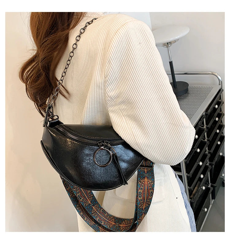 Fashion Saddle Waist Bag Fanny pack Luxury Leather Female Belt Bags Chain Handbag Purse Woman Retro Shoulder Crossbody Chest Bag