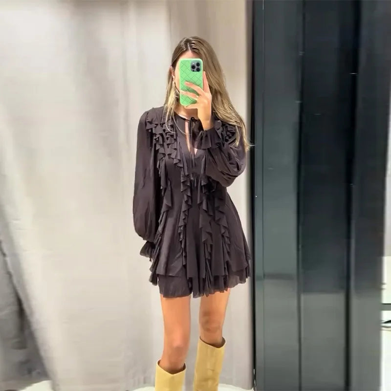Sexy Ruffles Short Dress V-neck Long Lantern Sleeve Pleated Brown Party Dresses Female Spring Summer Lady Loose Vestidos