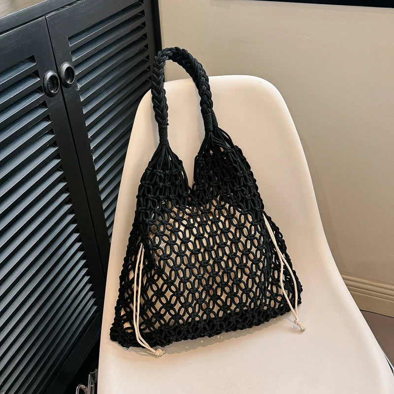 Summer Woven Bag for Women Handbags Handmade Knitted Beach Boho Shoulder Bag Large Tote Bag Hollow Out Shopping Bag