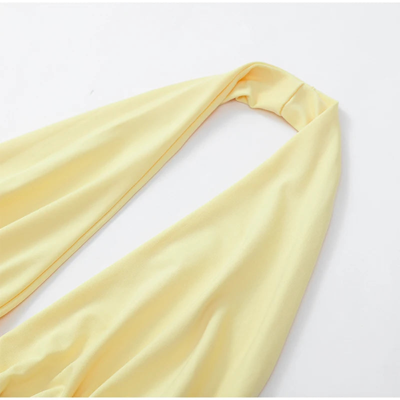 Sexy Yellow Mermaid Maxi Dress Halter Plunging V Neck Pleated Bust Ruched Waist Bodycon Dresses Trendy Social Gathering Vestido