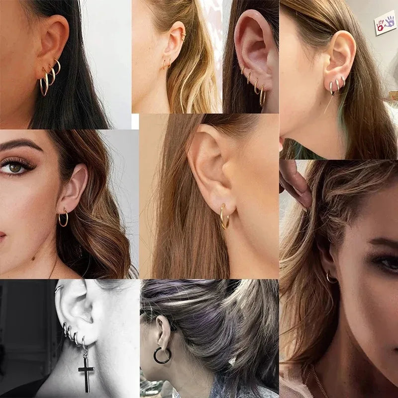 2Pcs Small Hoop Earrings for Women Men, Silver Color Stainles Steel Round Circle Pendientes Mujer Hypoallergeic