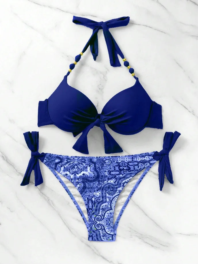 Push Up Halter Bikini Printed Swimsuit Women Sexy Strappy Swimwear Female Bathers Bathing Swimming Swim Suit Beachwear
