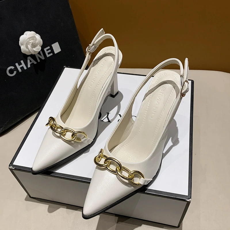 Summer Women Sandals Elegant Versatile Women High Heels Party Wedding Fashion Point-toe Ladies Causal Dresses Shoes Metal Chain