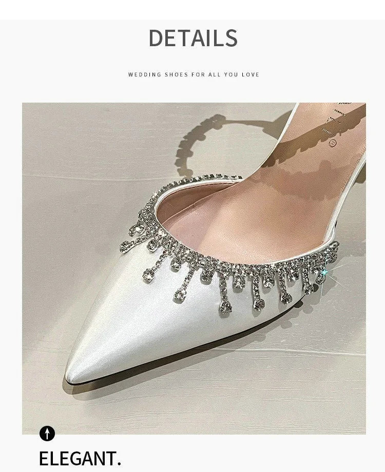 Comemore White Wedding Bridesmaid Shoes Satin Fashion Rhinestone Fringe Chain High Heels Black Temperament Elegance Pumps