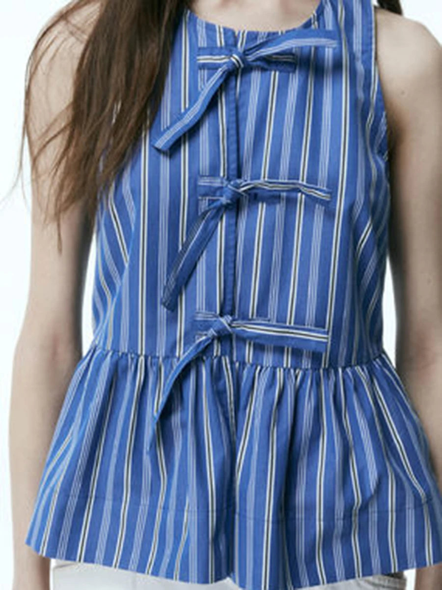 y2k Clothes Tank Top Women Elegant Striped Sleeveless Tie Up Cardigan Vest T Shirt 2000s Aesthetic Streetwear