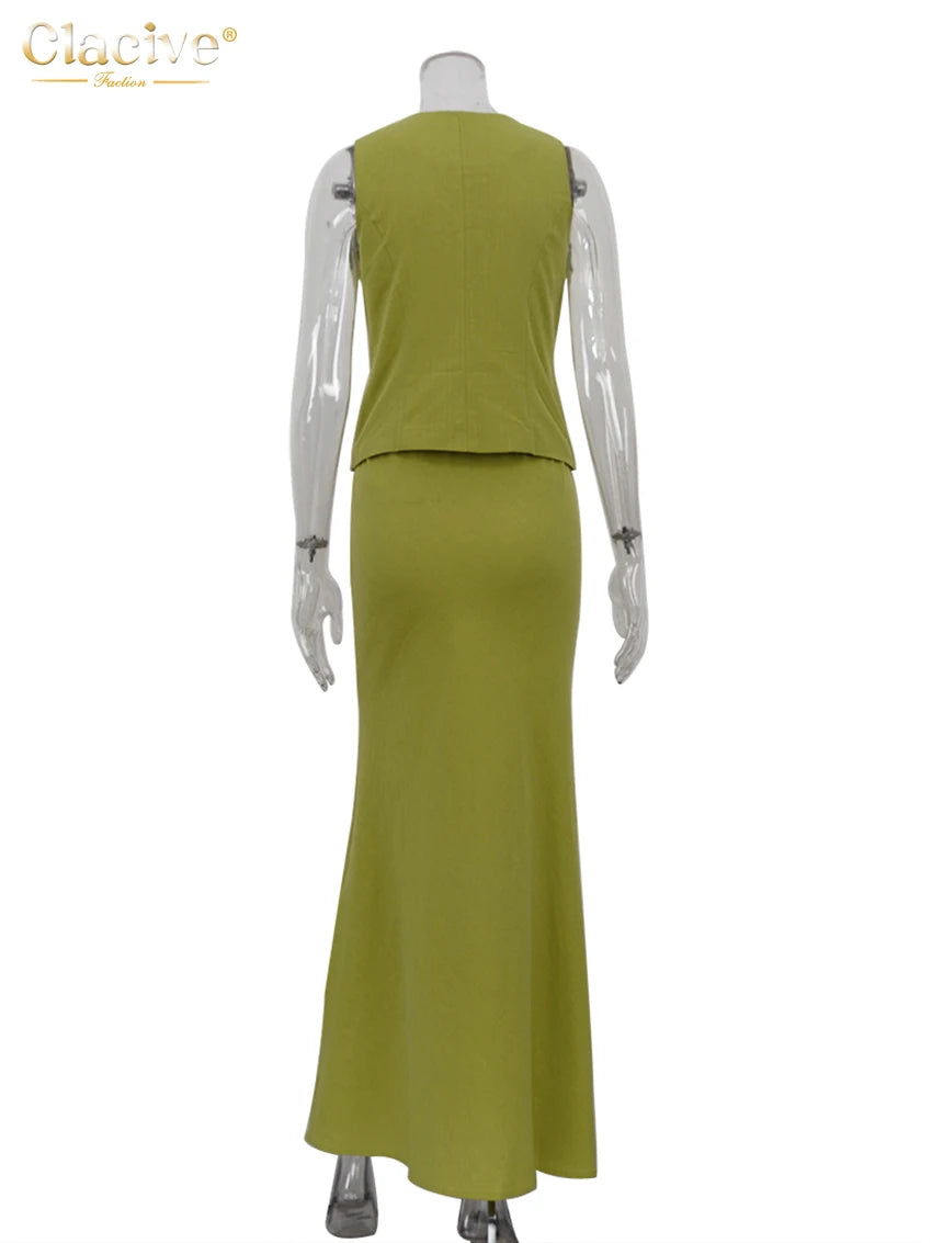 Clacive Sexy Slim Green Cotton 2 Piece Sets Women Outfit Summer Sleeveless Tank Top With Mid Waist Long Skirts Set Female