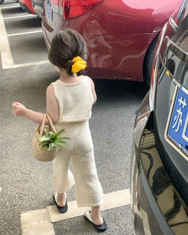 Girl's Clothing Summer Korean Thin Knitted Girl Set Children Hollow Breathable Vest + Wide Leg Pants Two-piece Suit