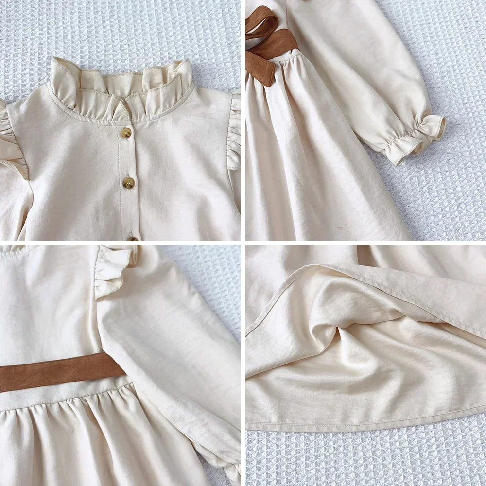 Autumn Plain Long Sleeved Stand Collar Tied Dress Solid Color Kids Dresses for Girls Daily Casual Clothes 3-7 Years Old