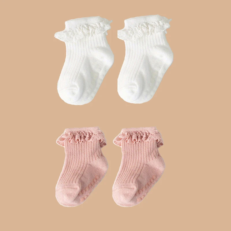 2pairs/lot Children's non slip socks for infants and young children 0-6 months girls' solid colored lace socks baby floor socks