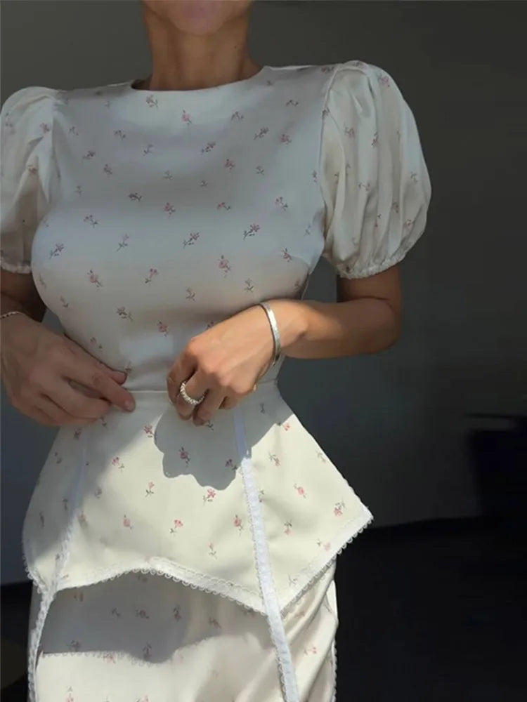 Women's White Floral Print Puff Sleeve Dress With Waistband Fashion Satin Ruffled Hem Maxi Dress