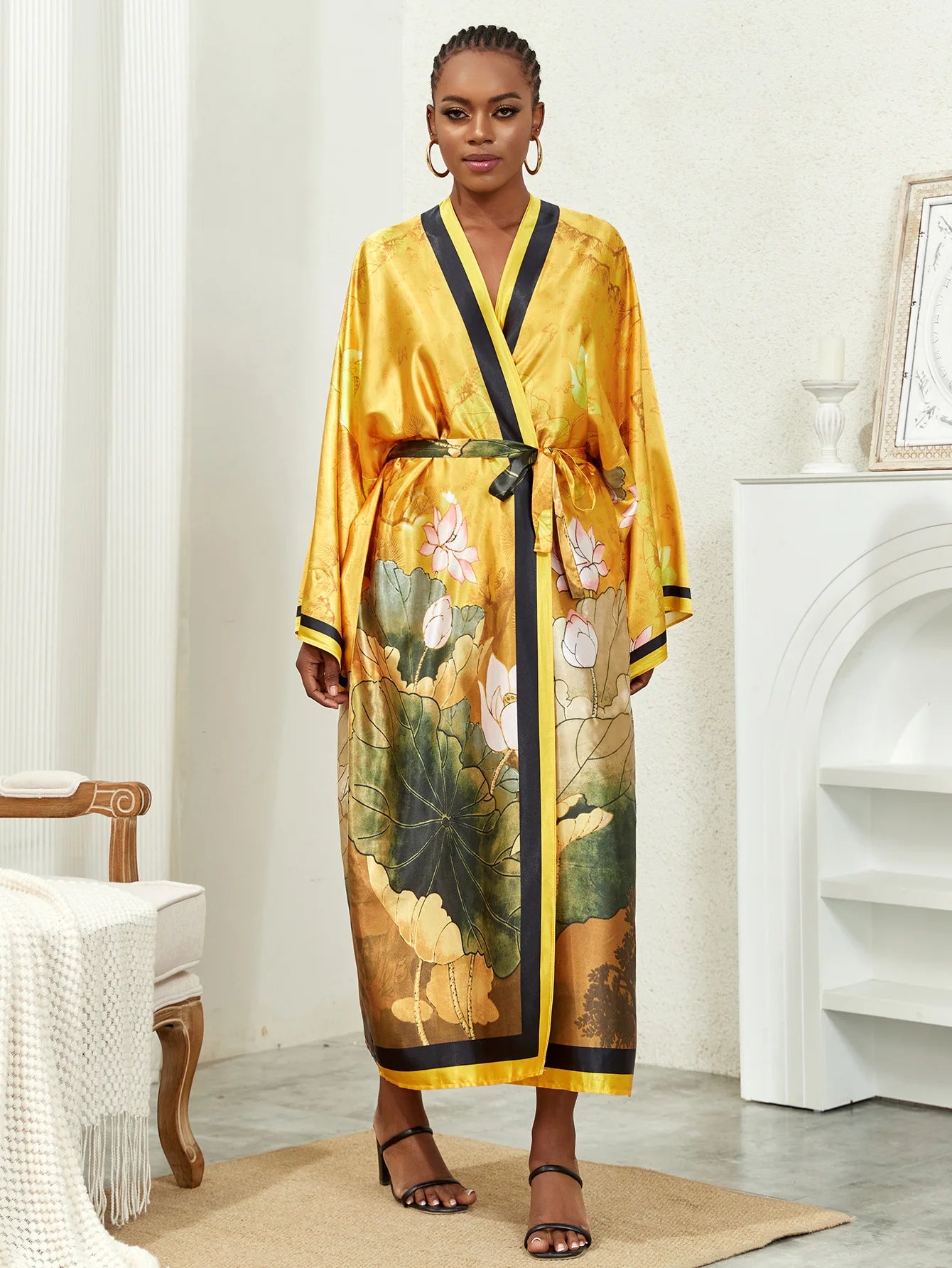 Long Kimono Bath Robe Gown Wide Sleeve Print Flower Robe Women Satin Nightgown New Silk Satin Nightdress V-Neck Lounge Sleepwear
