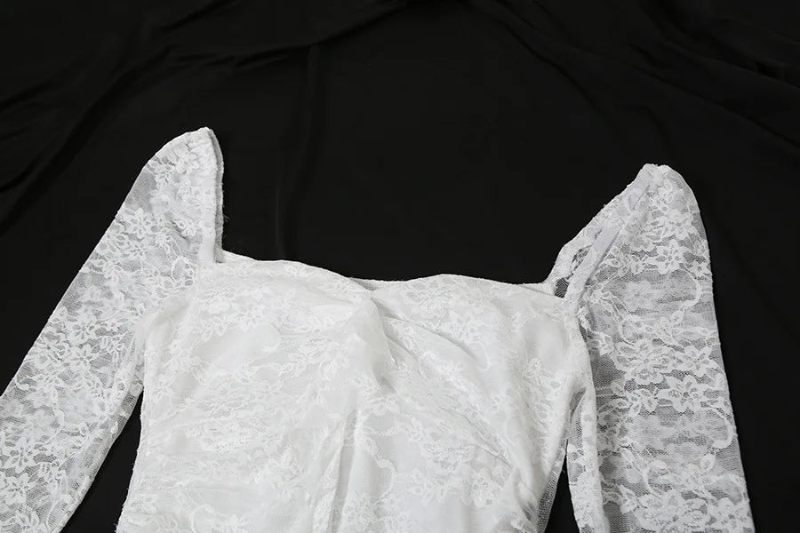 Goth Dark Fairycore Lace Flare Sleeve Square Neck A-line Dress Sweet E-girl Irregular Long Hem Dresses Cyber Y2K Party Vestido