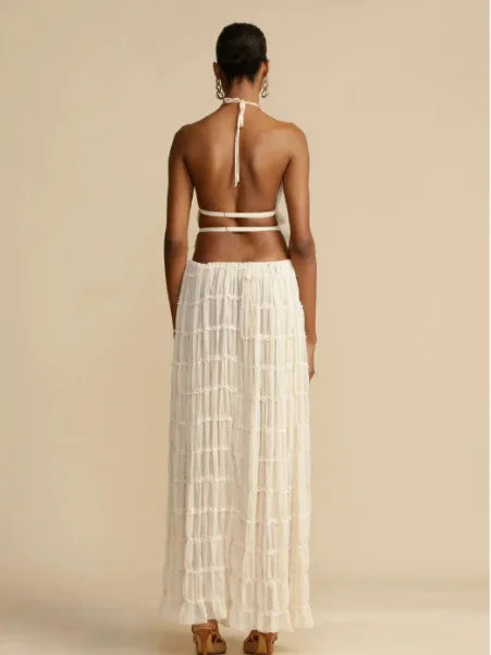 Summer new sexy halter top with exposed back and camisole, pleated lace vest, long skirt set