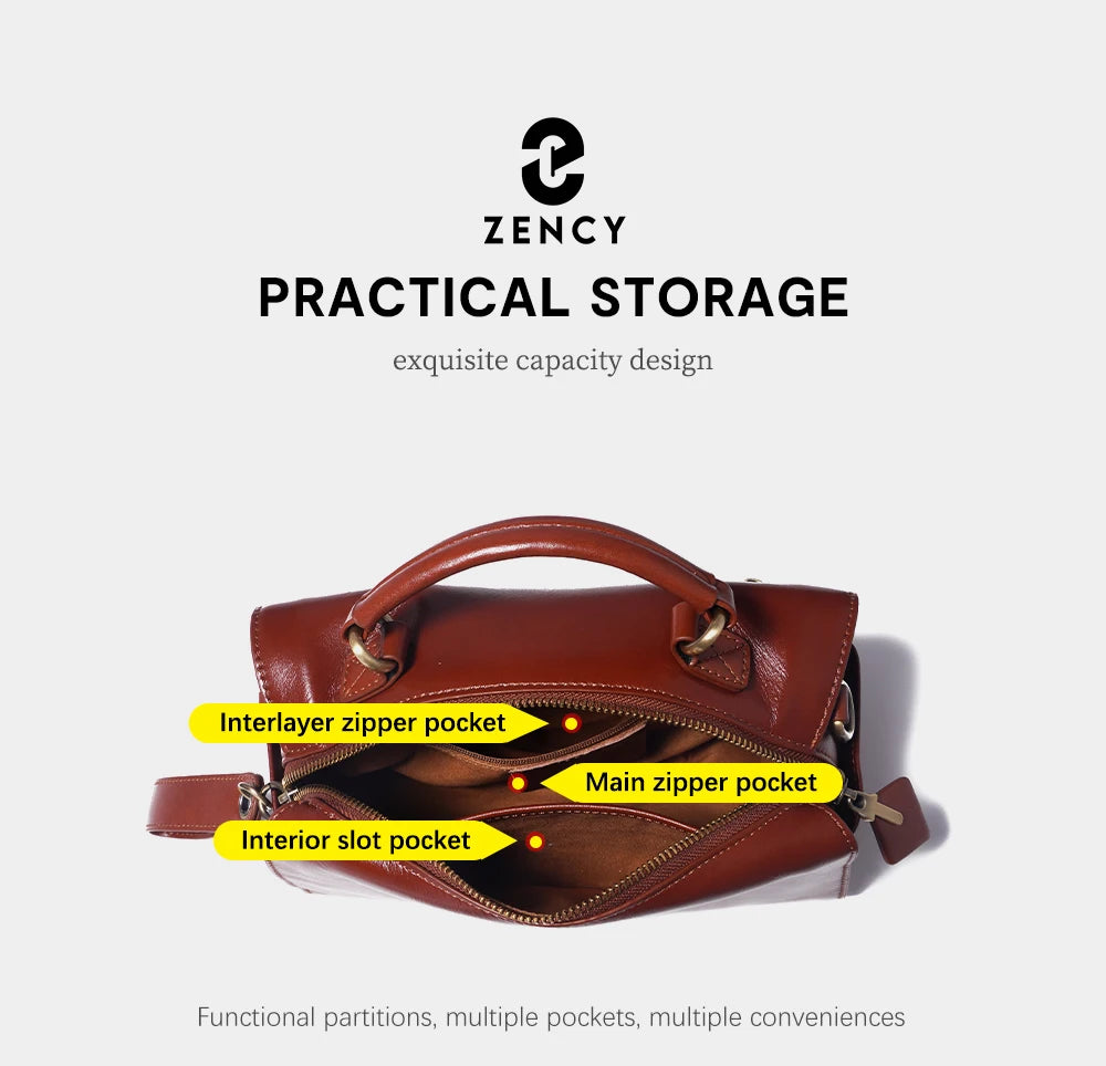 Zency Oil Wax Leather Vintage Green Handbag Women Shoulder Bag Satchel Black Wave Pattern Wide Strap Classic Boston Bag Purse
