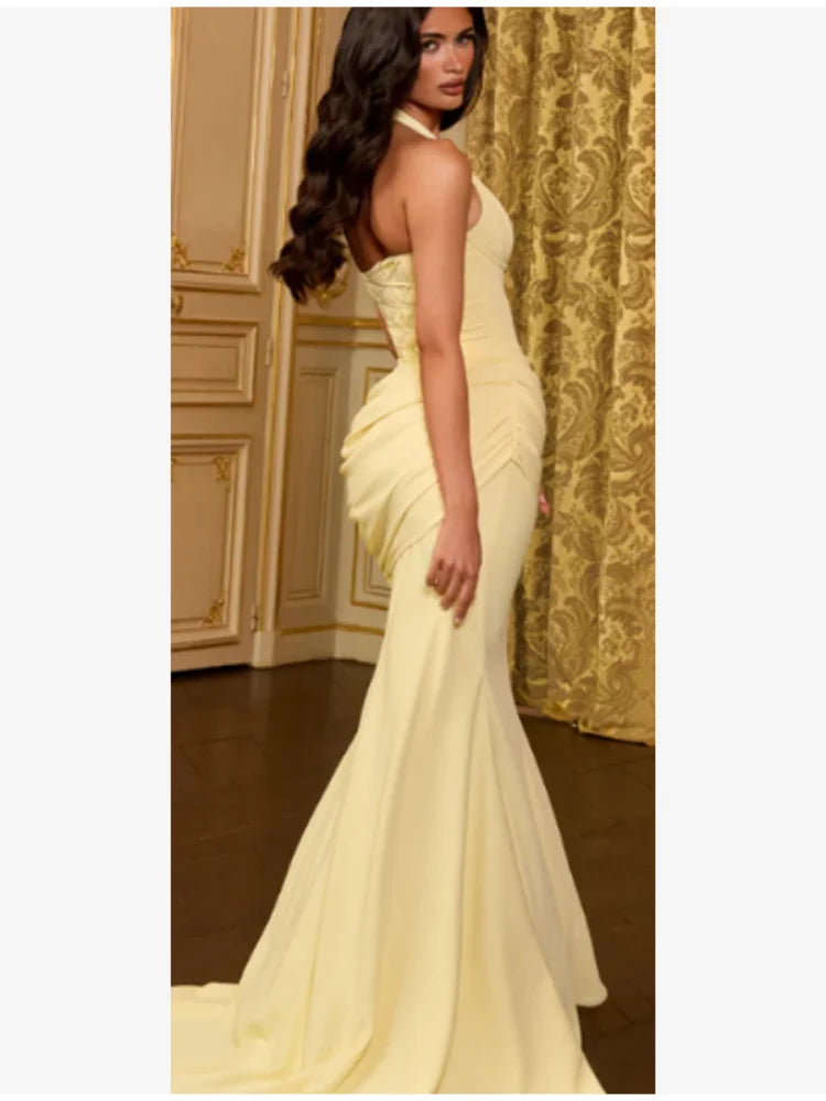 Sexy Yellow Mermaid Maxi Dress Halter Plunging V Neck Pleated Bust Ruched Waist Bodycon Dresses Trendy Social Gathering Vestido