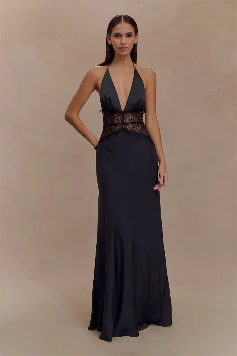 Mozision Summer Backless Sexy Maxi Dress Women Gown Patchwork Lace Halter Deep V Neck Sleeveless High Waist Elegant Long Dress
