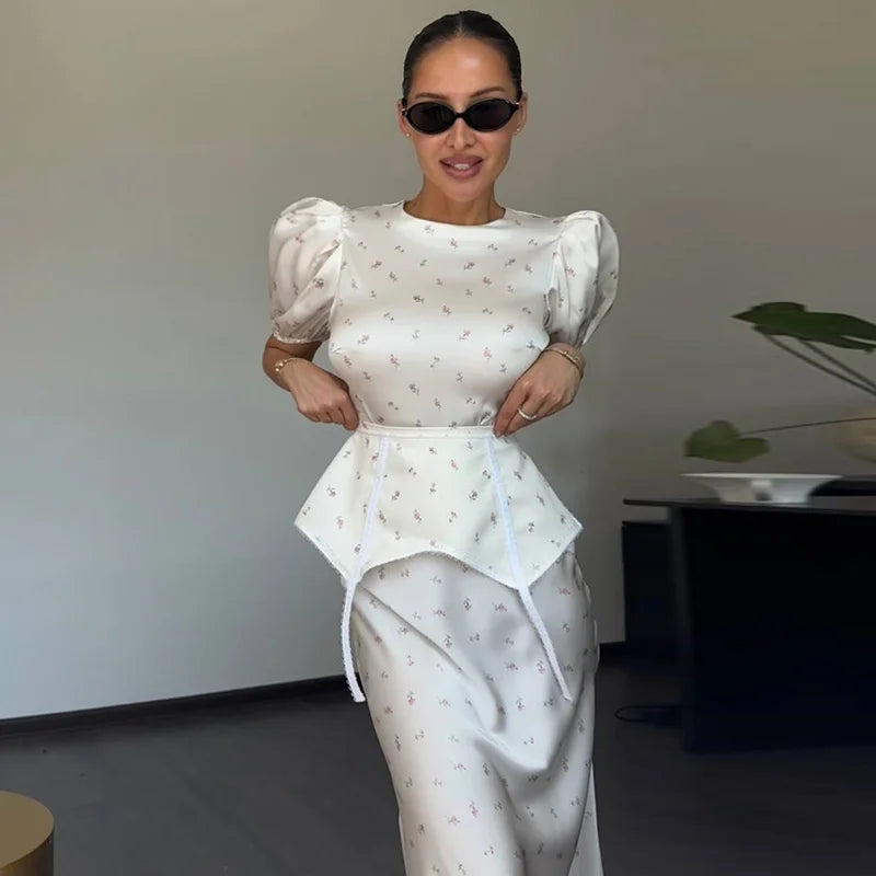 Women's White Floral Print Puff Sleeve Dress With Waistband Fashion Satin Ruffled Hem Maxi Dress