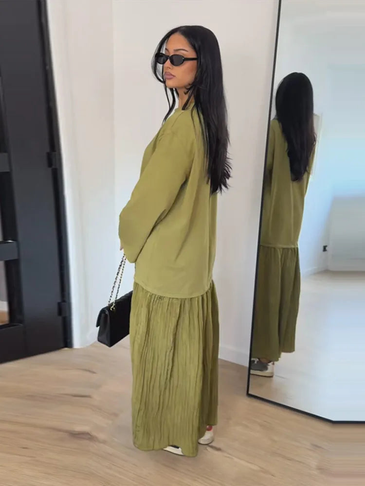 Short Sleeve Patchwork Oversized Long Dress Women Elegant O-neck Pleated Loose Party Evening Dresses Summer Casual Lady Vestidos