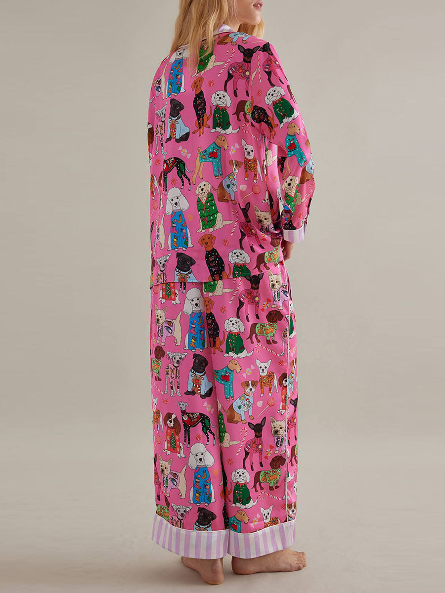 Women Pajama Set Food Animal Print Long Sleeve Button Closure Tops with Pants Sleepwear Loungewear