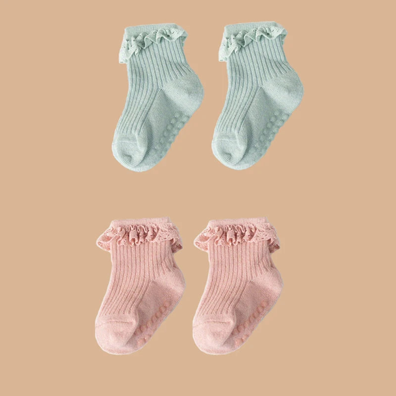 2pairs/lot Children's non slip socks for infants and young children 0-6 months girls' solid colored lace socks baby floor socks