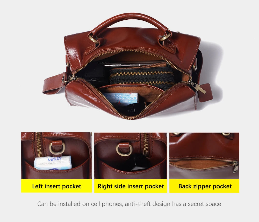 Zency Oil Wax Leather Vintage Green Handbag Women Shoulder Bag Satchel Black Wave Pattern Wide Strap Classic Boston Bag Purse