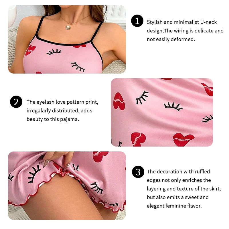 Women's Sleepwear Butterfly Print Lettuce Trim Nightdress Casual Round Neck Backless Mini Slip Dress Soft Comfortable Nightwear