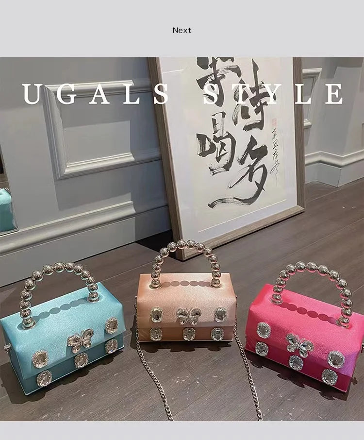 Luxury Designer Satin Square Box Crystal Shiny Diamonds Evening Bag Women's Handbag Wedding Party Clutch Purse Crossbody Bag